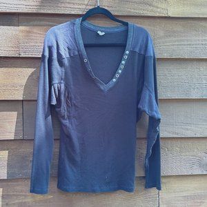 Vintage Free People Dolman Sleeve Henley Black Gray V Neck button detail L